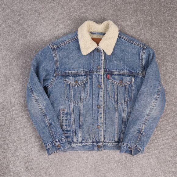 Levi's Sherpa Lined Denim Trucker XS Blue Long Sleeve Snap Light Wash Jacket - Picture 1 of 9